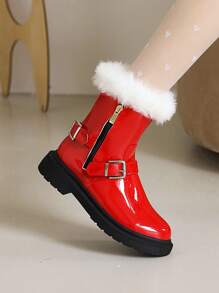 Botas con diseño con hebilla con cremallera lateral de peluche - Rojo - Ver 3