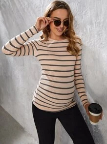 SHEIN Maternity Striped Print, Striped Print Tee - Apricot - View 4