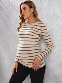 SHEIN Maternity Striped Print, Striped Print Tee - Apricot - View 5