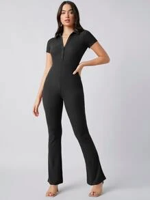 BizChic Nút phía trước Gân đan Chất rắn Áo liền quần Trang phục làm việc - màu đen - Xem 3