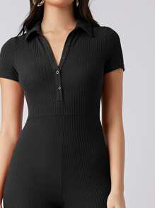 BizChic Nút phía trước Gân đan Chất rắn Áo liền quần Trang phục làm việc - màu đen - Xem 4