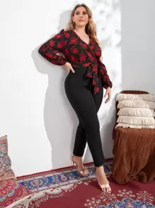 SHEIN Clasi Jumpsuits Plus Size Thắt lưng Trọn gói Dây kéo Hoa Thanh lịch - Nhiều màu - Xem 1