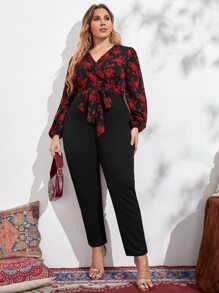 SHEIN Clasi Jumpsuits Plus Size Thắt lưng Trọn gói Dây kéo Hoa Thanh lịch - Nhiều màu - Xem 3