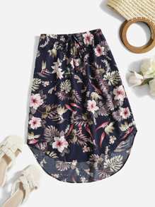 SHEIN VCAY 熱帶圖案結飾前弧形下擺半身裙 - 彩色 - 查看 1