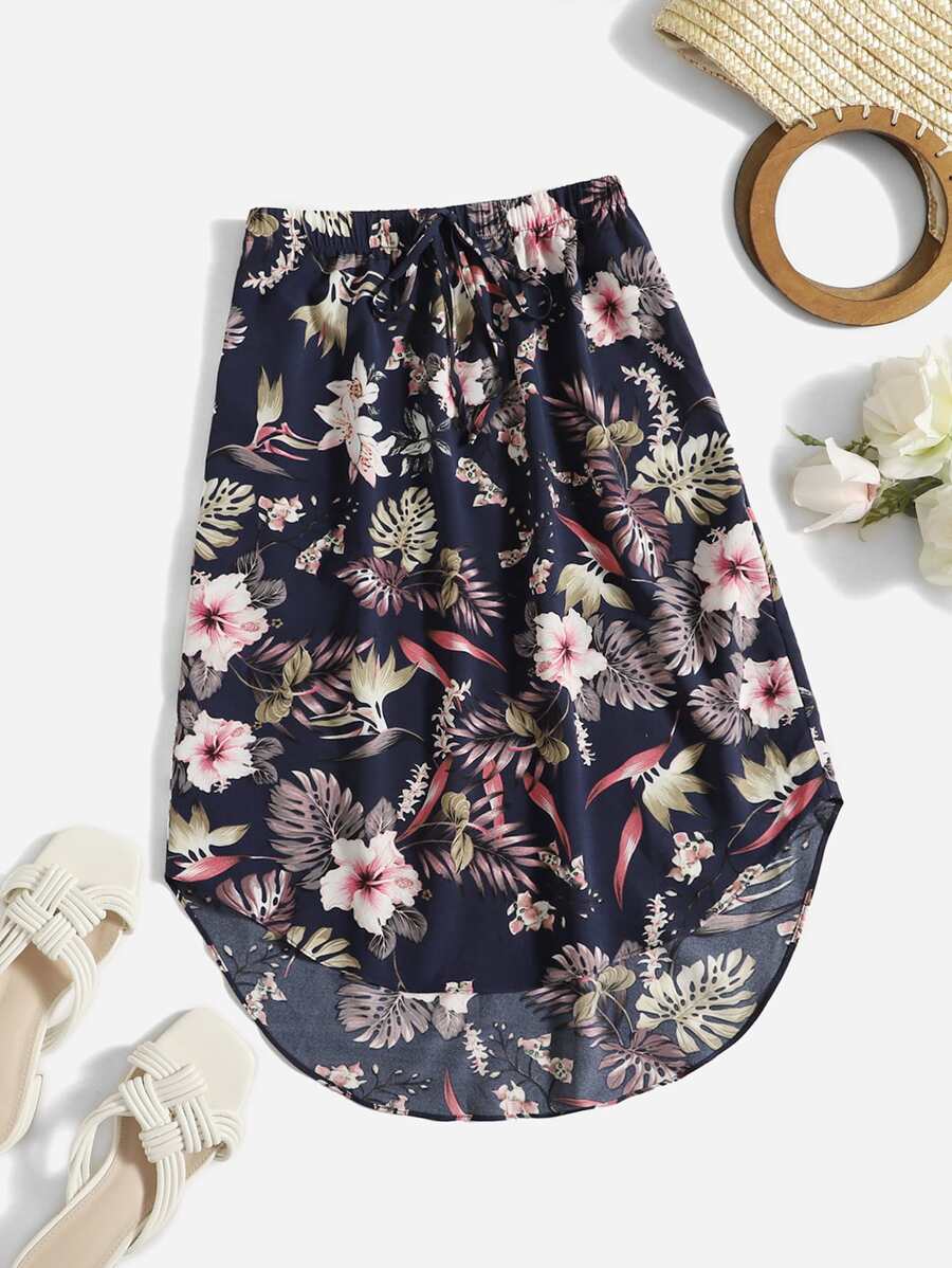 SHEIN VCAY 熱帶圖案結飾前弧形下擺半身裙 - 彩色 - 查看 1