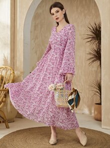 Modelyn 小碎花荷葉袖A字洋裝 - 紫丁香色 - 查看 3