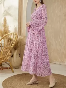 Modelyn 小碎花荷葉袖A字洋裝 - 紫丁香色 - 查看 5