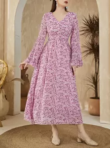 Modelyn 小碎花荷葉袖A字洋裝 - 紫丁香色 - 查看 6