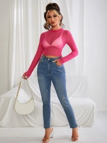 SHEIN BAE 薄透幾何網紗不附胸罩短款上衣 - 玫紅色 - 查看 4