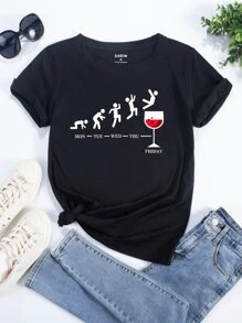 SHEIN EZwear 字母和圖形圖形T恤 - 黑色 - 查看 1