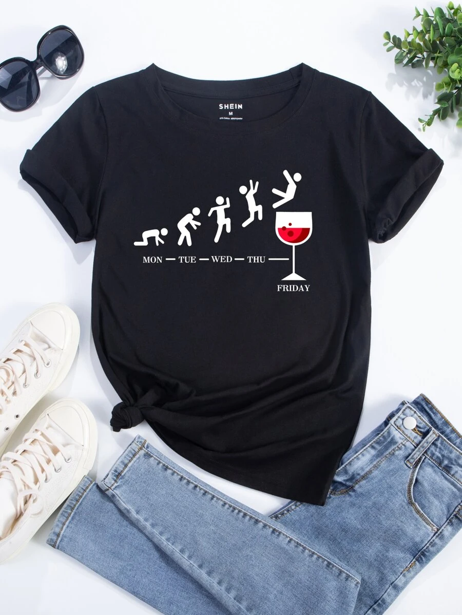 SHEIN EZwear 字母和圖形圖形T恤 - 黑色 - 查看 1