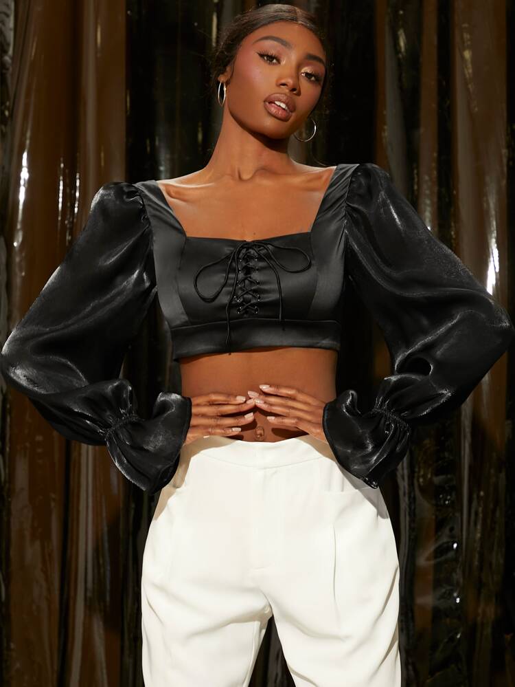 Knot Front Flounce Sleeve Zip Back Crop Top