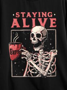 Eduely Slogan & Skeleton Graphic Drop Shoulder Tee - Black - View 3