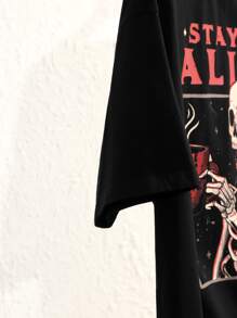 Eduely Slogan & Skeleton Graphic Drop Shoulder Tee - Black - View 5