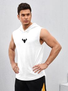 Oversized-Stil Herren Tank Top mit Stier- und Buchstabenprint, Kapuze und Sport-Design