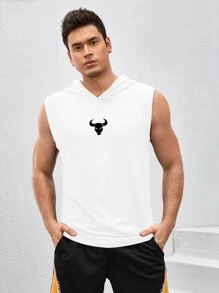 Oversized-Stil Herren Tank Top mit Stier- und Buchstabenprint, Kapuze und Sport-Design