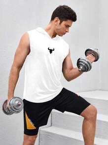 Oversized-Stil Herren Tank Top mit Stier- und Buchstabenprint, Kapuze und Sport-Design
