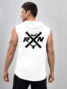 Oversized-Stil Herren Tank Top mit Stier- und Buchstabenprint, Kapuze und Sport-Design