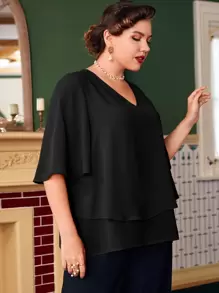 EMERY ROSE Áo sơ mi Plus Size phân lớp màu trơn Giải trí - màu đen - Xem 3