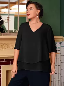 EMERY ROSE Áo sơ mi Plus Size phân lớp màu trơn Giải trí - màu đen - Xem 5