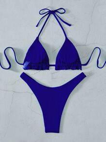 SHEIN Swim Summer Beach Frill Trim Halter Bikini - Royal Blue - View 2