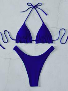 SHEIN Swim Summer Beach Frill Trim Halter Bikini - Royal Blue - View 5
