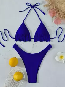 SHEIN Swim Summer Beach Frill Trim Halter Bikini - Royal Blue - View 6