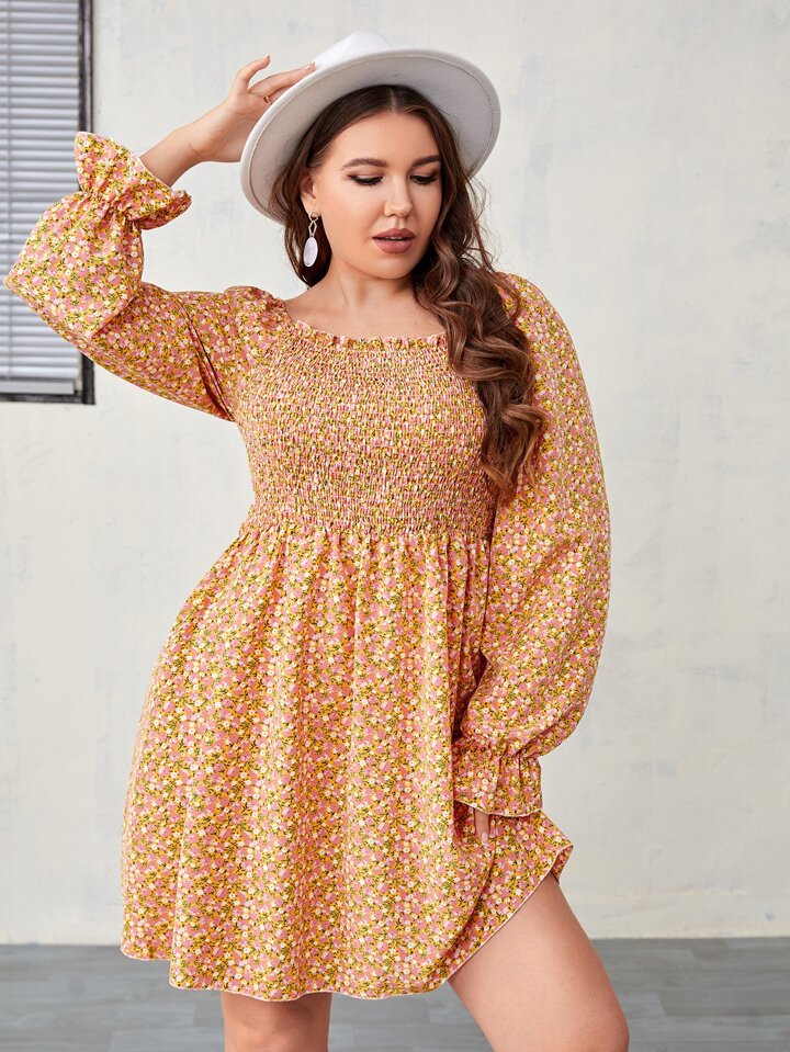 Our Plus Ditsy Floral Print Shirred Flounce Sleeve Dress is such a vibe -  ROMWE