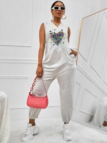 SHEIN Unity 蝴蝶圖案斜插口袋無袖連體褲 - 淺灰色 - 查看 1