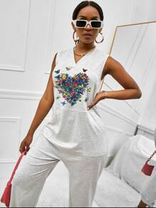 SHEIN Unity 蝴蝶圖案斜插口袋無袖連體褲 - 淺灰色 - 查看 4