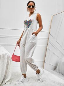 SHEIN Unity 蝴蝶圖案斜插口袋無袖連體褲 - 淺灰色 - 查看 5