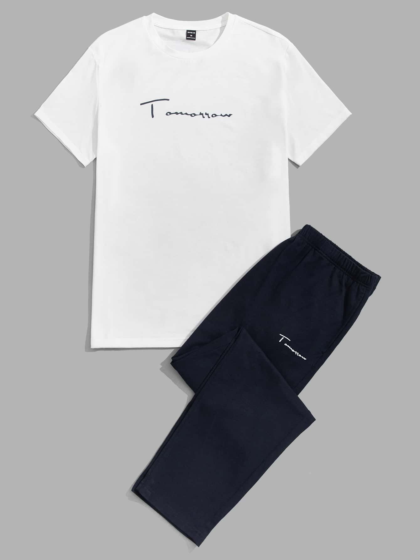 SHEIN Men Letter Graphic Tee & Trousers Lounge Set - Blue and White - View 1