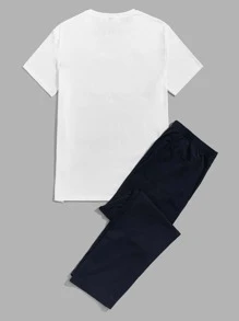 SHEIN Men Letter Graphic Tee & Trousers Lounge Set - Blue and White - View 2