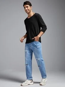 GENTILAND Hombres Camiseta unicolor de cuello redondo