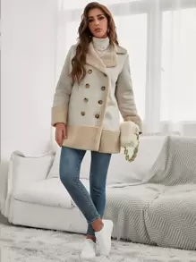 SHEIN Frenchy Teddy Lined Double Breasted Coat Winter