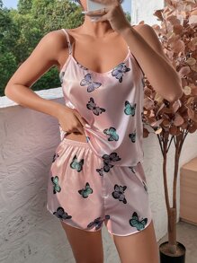 Butterfly Print Satin PJ Set - Pink - View 1