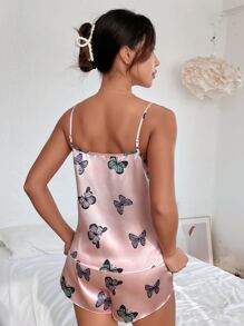 Butterfly Print Satin PJ Set - Pink - View 2