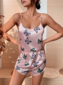Butterfly Print Satin PJ Set - Pink - View 4