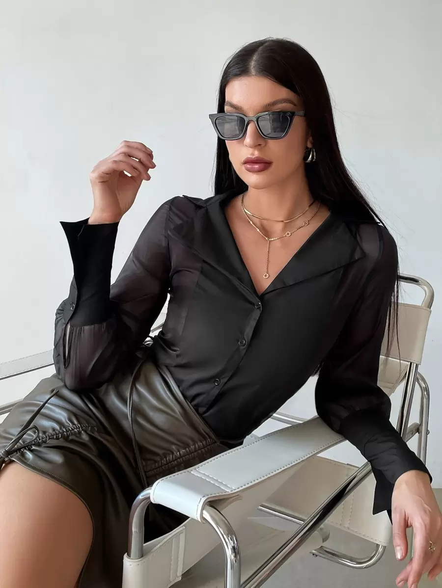 GENKIRA Áo sơ mi nữ Nút phía trước màu trơn Thanh lịch - màu đen - Xem 1