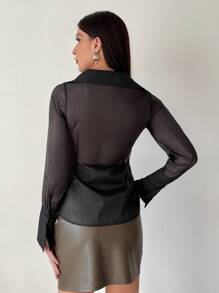 GENKIRA Áo sơ mi nữ Nút phía trước màu trơn Thanh lịch - màu đen - Xem 2