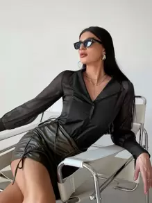 GENKIRA Áo sơ mi nữ Nút phía trước màu trơn Thanh lịch - màu đen - Xem 3