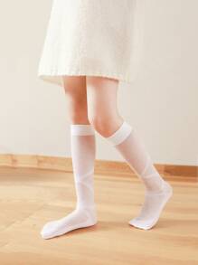 女孩波點圖案高筒襪 - 白色 - 查看 1