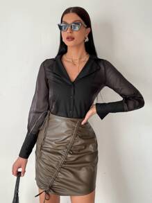 GENKIRA Áo sơ mi nữ Nút phía trước màu trơn Thanh lịch - màu đen - Xem 5