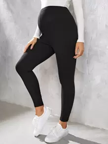 SHEIN Maternity Contrast Stitch Rib-knit Leggings - Black - View 1