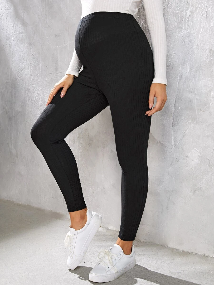 SHEIN Maternity Contrast Stitch Rib-knit Leggings - Black - View 1