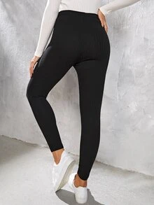 SHEIN Maternity Contrast Stitch Rib-knit Leggings - Black - View 2