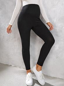 SHEIN Maternity Contrast Stitch Rib-knit Leggings - Black - View 3