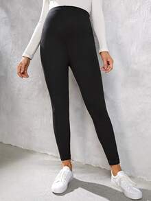 SHEIN Maternity Contrast Stitch Rib-knit Leggings - Black - View 4