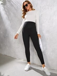 SHEIN Maternity Contrast Stitch Rib-knit Leggings - Black - View 5