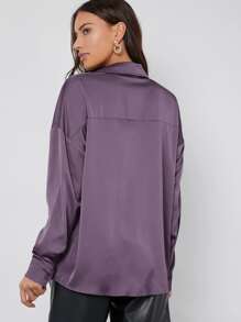 BizChic Single Breasted Satin Blouse Workwear - Purple - View 2